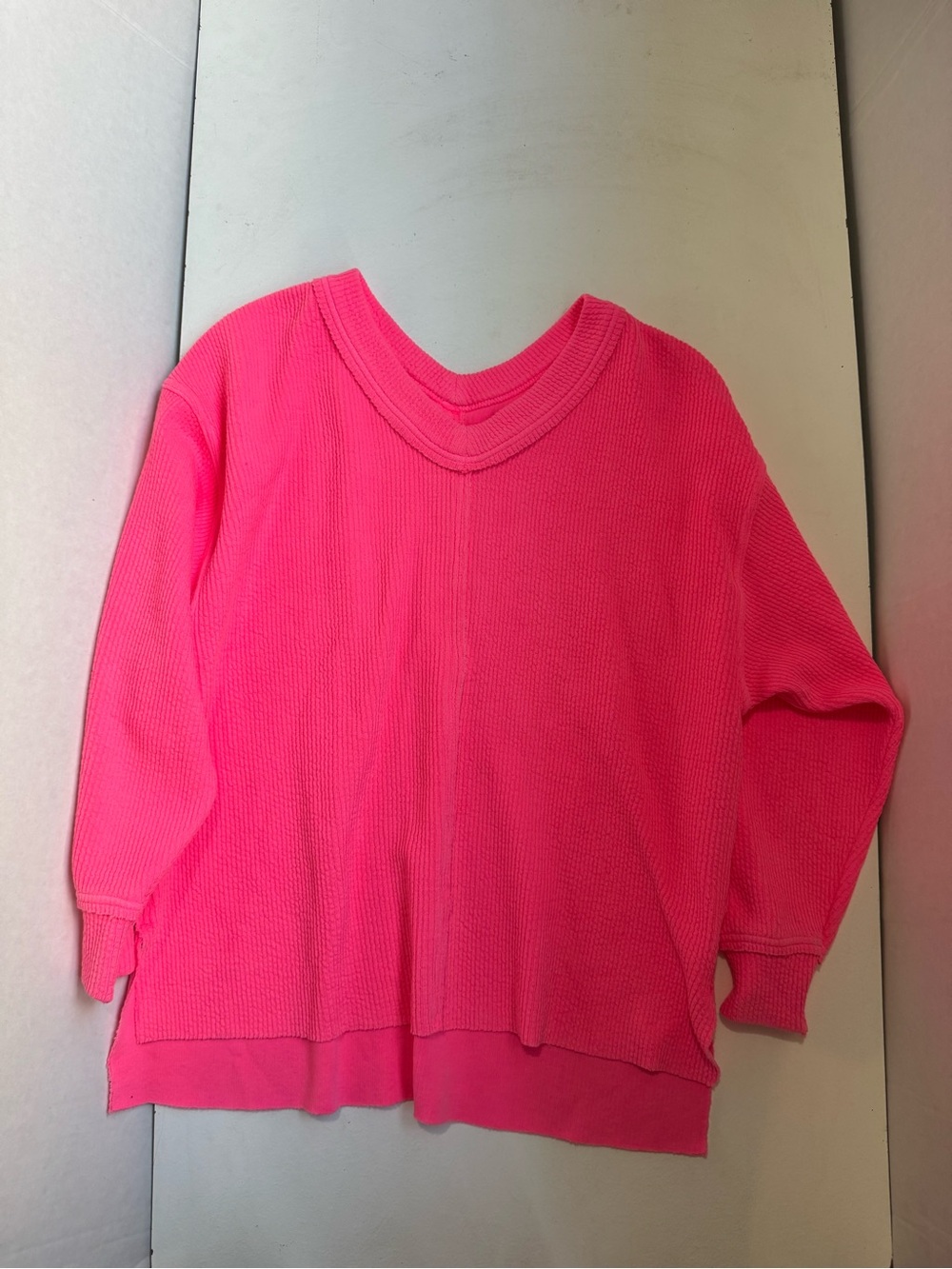 Aerie Oversized Waffle Knit V Neck Long Sleeve Top Hot Pink XS